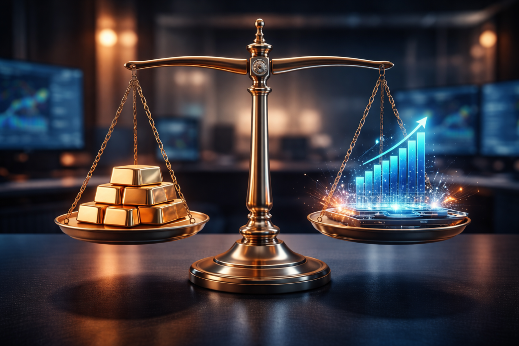 Rappresentazione concettuale della diversificazione finanziaria nel 2026 tra asset fisici e tecnologia digitale.