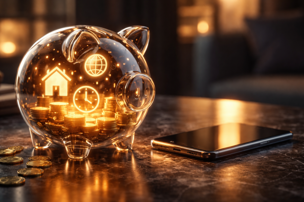 Rappresentazione del risparmio come accumulo di luce e tempo per la sovranità temporale.