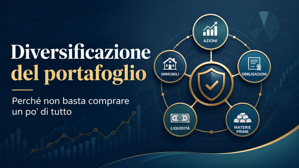 Diversificazione del portafoglio con schema di asset allocation tra azioni, obbligazioni, liquidità, immobili e materie prime