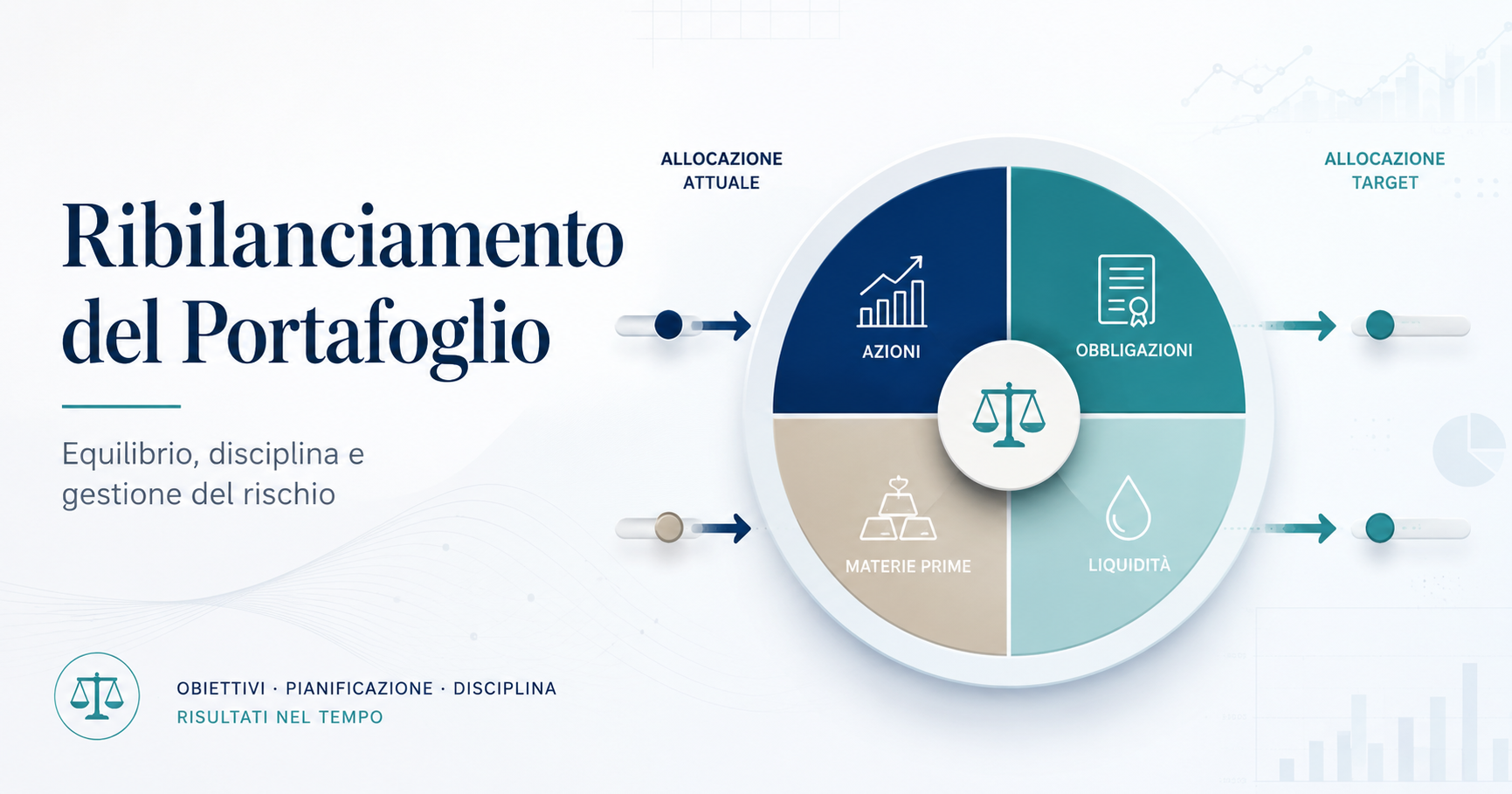Home 43 Ribilanciamento del portafoglio con asset allocation tra azioni, obbligazioni, liquidità e materie prime