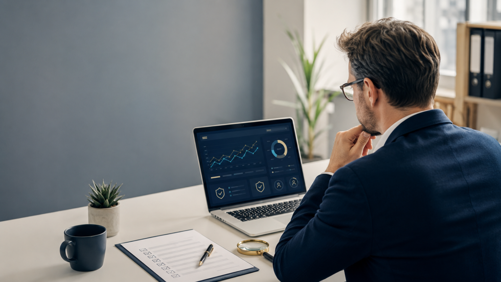 Professionista verifica autorizzazioni e rischi di una piattaforma di trading online